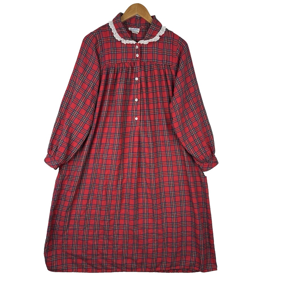 Vintage Lanz of Salzburg‎ Red Tartan Flannel Nightgown Lace Collar Cottagecore S